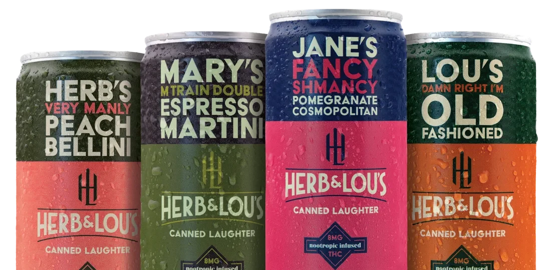 Herb & Lou's cans: Peach Bellini, Espresso Martini, Pomegranate Cosmopolitan and Old Fashioned